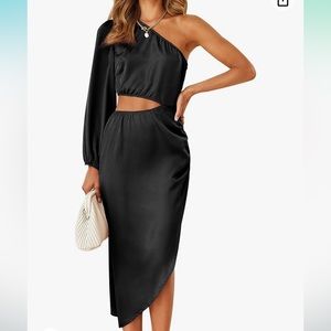 Satin Midi Dress One Shoulder Long Sleeve Cutout